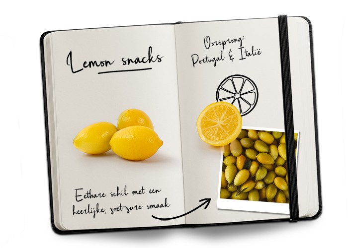 Dagboekje met hierin 4 lemon snacks vruchten. Tekst: oorsprong Italie & Portugal.
