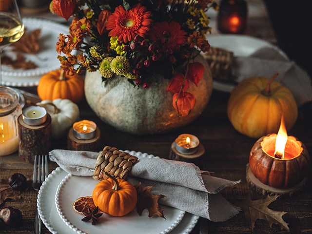 Elegant atmospheric beautiful dinner table setting for thanksgiving or wedding celebration, fall countryside style, pumpkins as decor. Romantic cozy home atmosphere. Wine, floral pumpkin centrepiece.